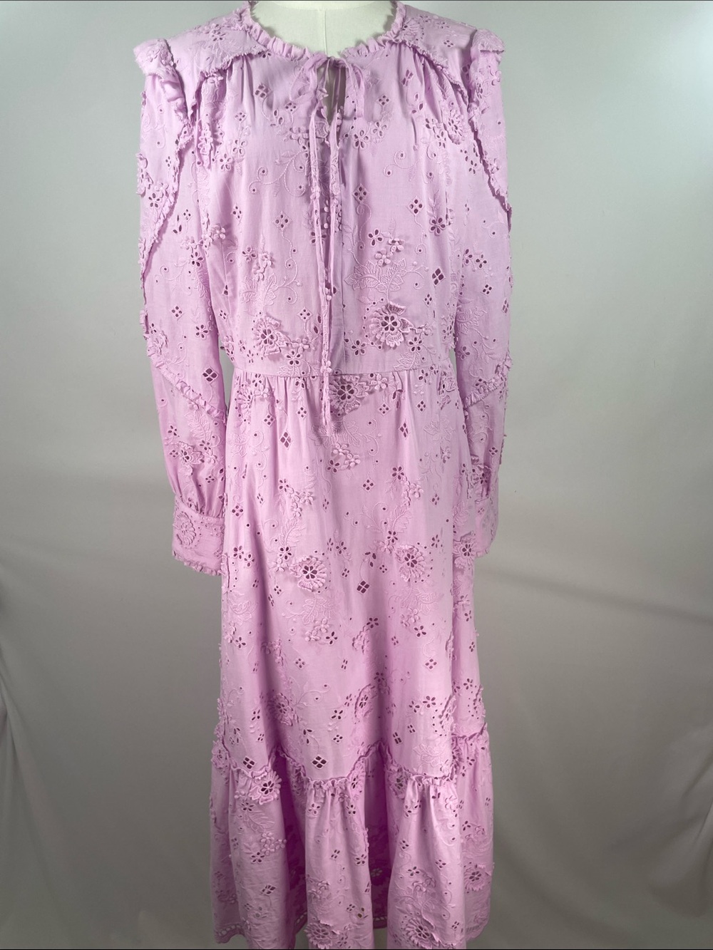 Marchesa Notte Broderie Anglaise Eyelet Lilac Pink Long Sleeve Midi Dress Sz 12